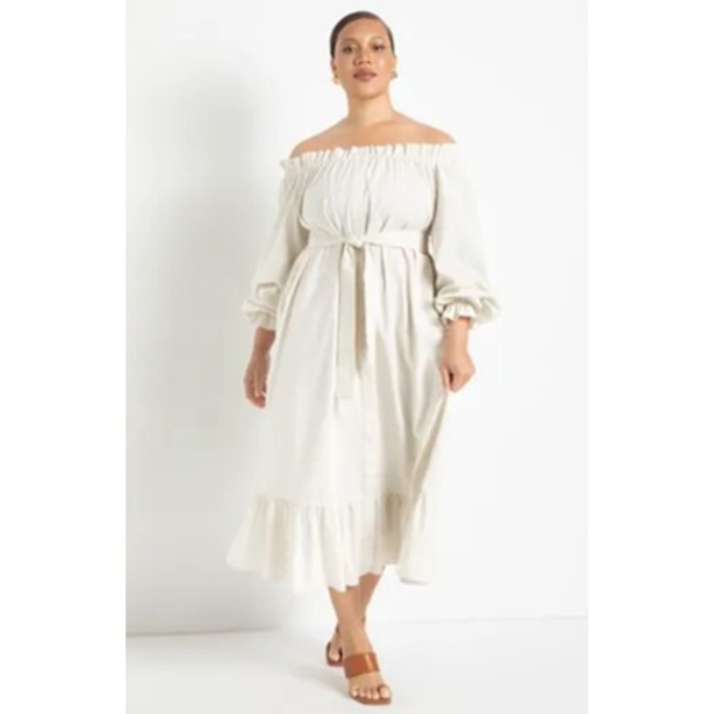 Eloquii Linen Maxi Day Dress‎ Womens 18 20 White Off Shoulder Belted Ruffle Boho